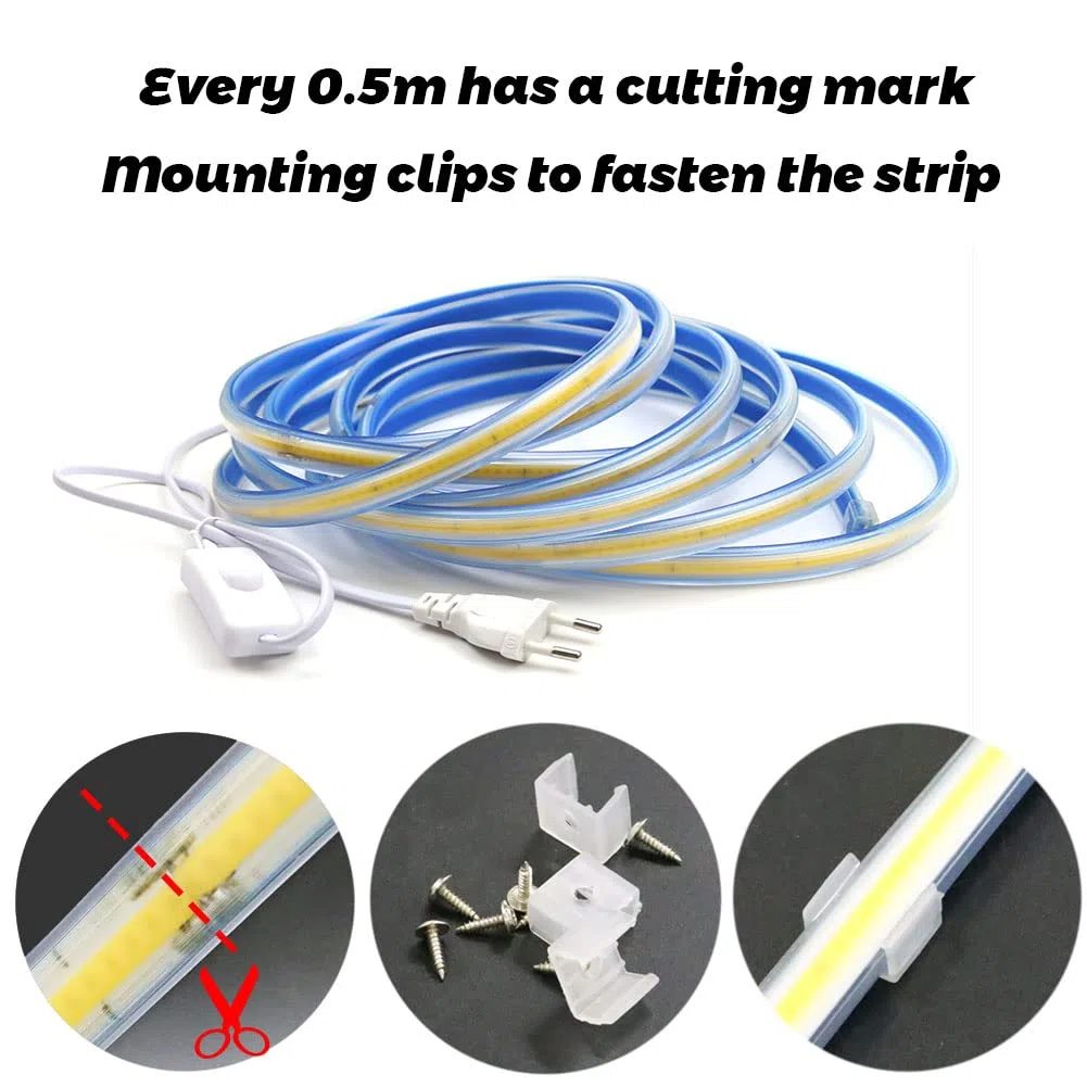 IP67 COB LED Striscia 1M 220V, 280 led/m Super Brillante Impermeabile Strip 1 Metro Bianco Caldo 3000K (Bianco Caldo, 1)