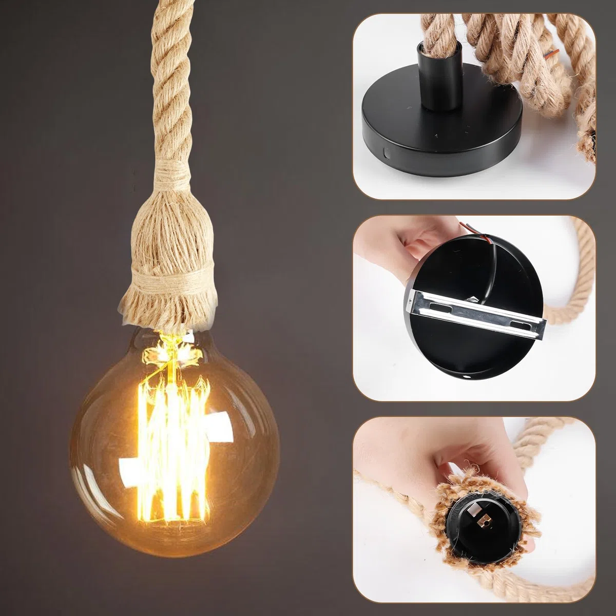 4 pezzi Portalampada E27 con cavo, Lampada a sospensione in stile retrò con corda di canapa e cavo da 100 cm, Kit di lampada a sospensione in corda di canapa per cucina, caffè, bar, magazzino