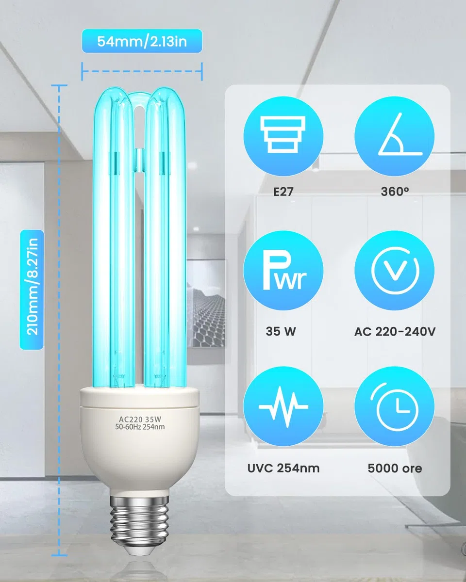 Lampada UV Ozono Lampada Germicida Raggi UVC E27 35W 254nm con Tubo al Quarzo Brine Ozono Contro Batteri Virus e Acari AC220-240V per Case, Lavatoi, Uffici, Ristoranti e Scuola Aria fresca