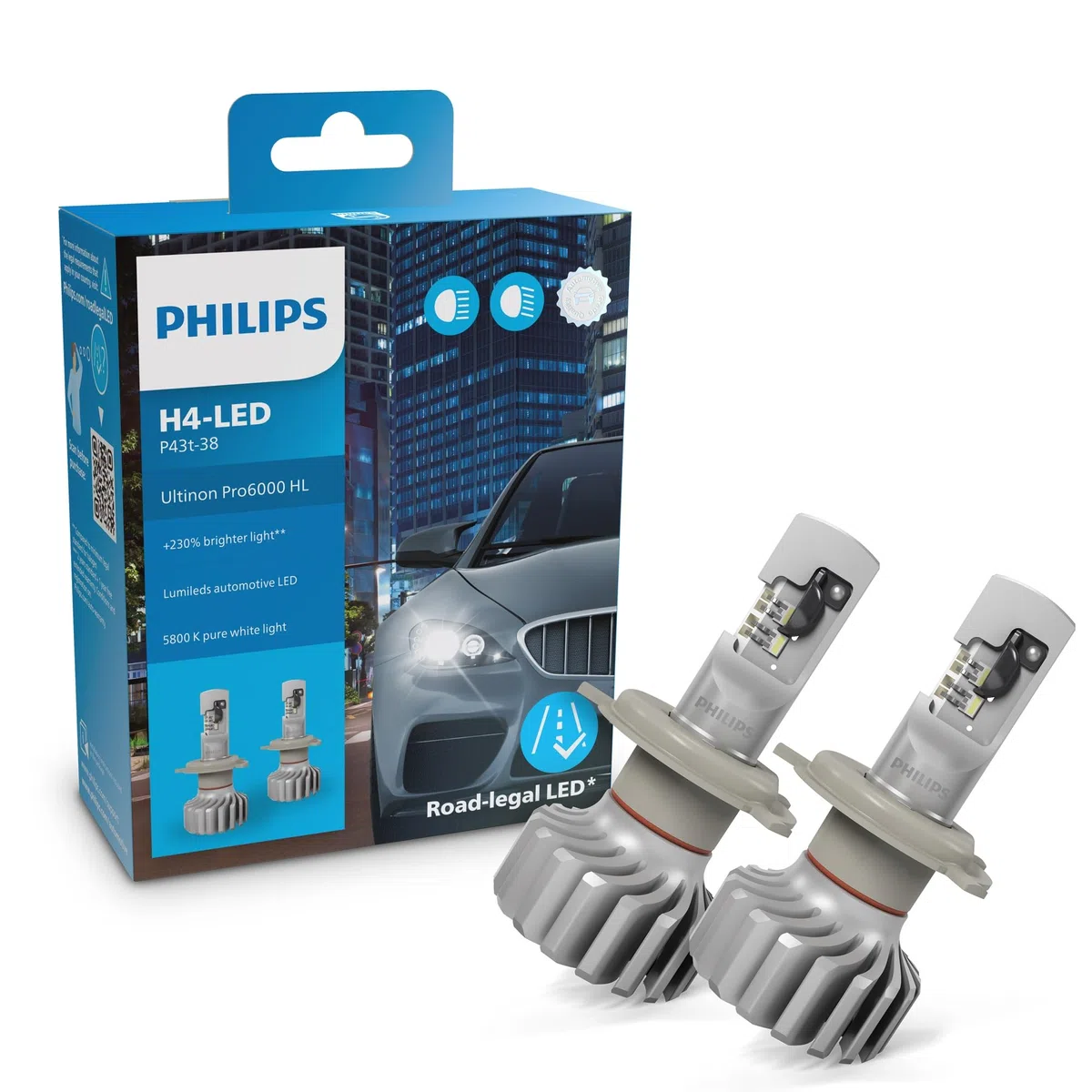 Philips automotive lighting Ultinon Pro6000 H4-LED Lampada LED omologata, 230% più luminosa, 5.800K, set di 2