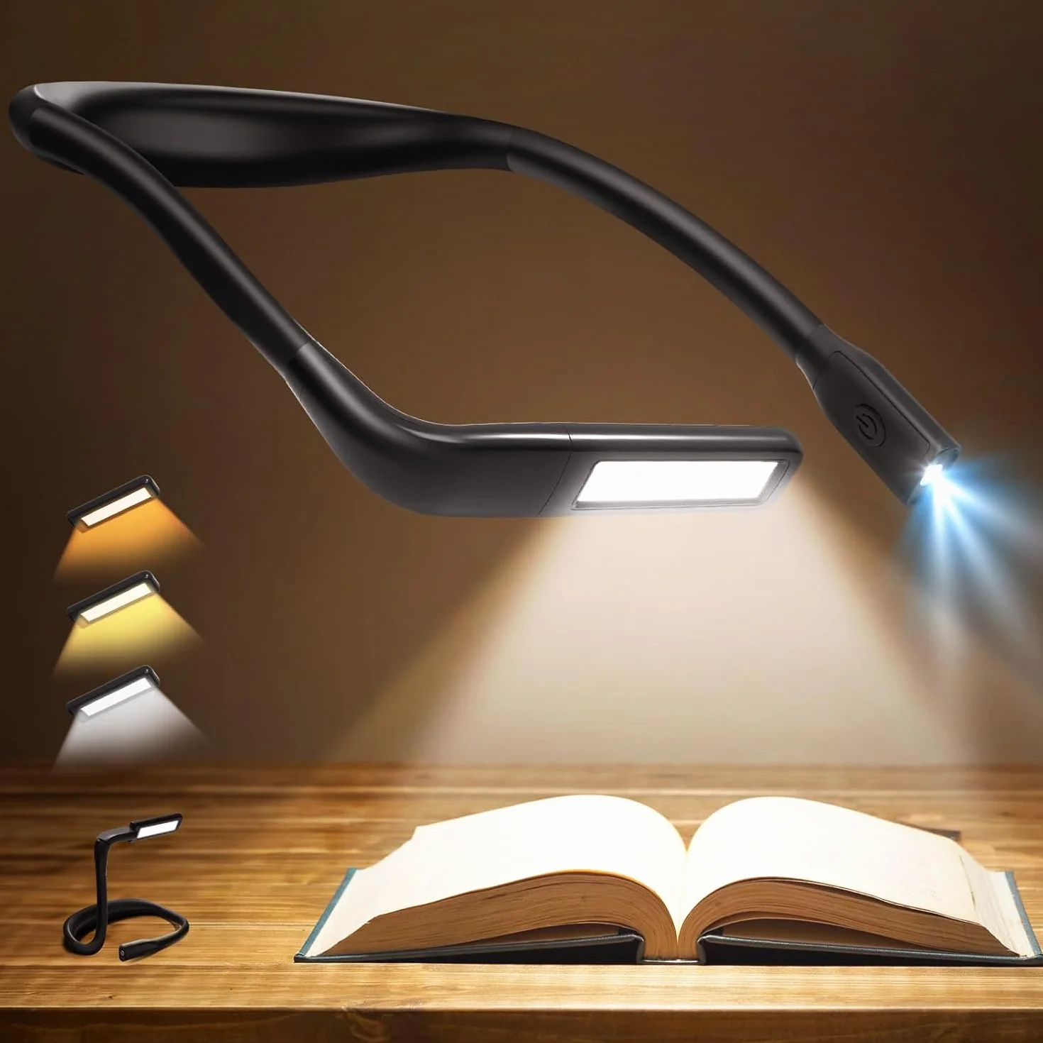 Luce per Lettura Libri a Letto - Luce da Lettura 3 Colori Ricaricabile Lampada da Lettura Letto, Flessibile Luce da Collo per Libro, Studio, Lavoro a Maglia, Viaggi, Idee Regalo per Lettori Donna Uomo