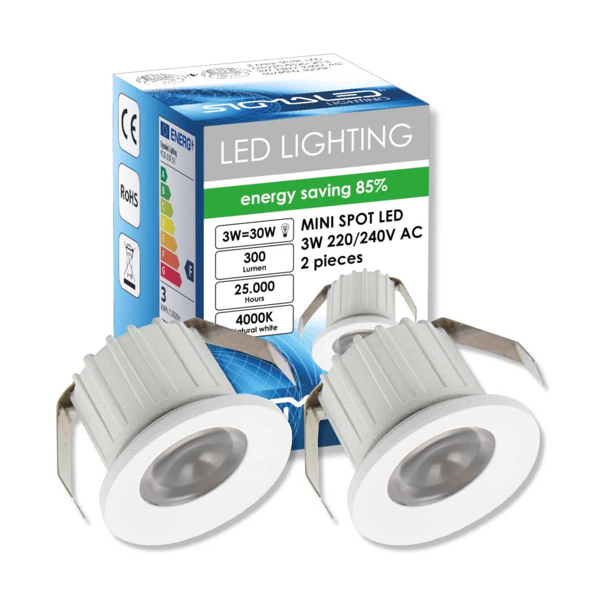 Sigmaled lighting, MINI FARETTO LED 3W, Dimmerabile, 300lumen, Luce Naturale 4000K, Spot Tondo incasso in alluminio, 220V / 240V AC Driver NON NECESSARIO, 2 Spots