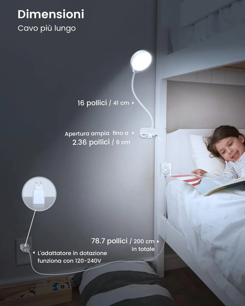 Glocusent 5W Lampada a Morsetto, 36 Lampade da Lettura a LED per Letto, Morsetto per Lampada per la Cura degli Occhi, 3 Colori 5 Livelli di Luminosità, Luce da Lettura con Collo D'oca
