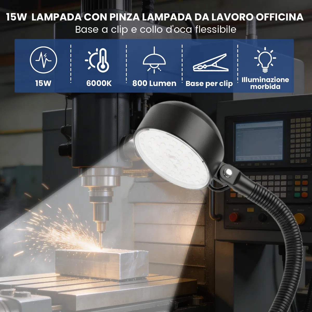 15W Lampada da Lavoro, Lampada con Pinza da 6000K con Collo d'Oca Flessibile e Clip Resistente,Lampada da Banco per Banco da Lavoro,Tornio,Macchina da Cucire,Griglia,Industriale