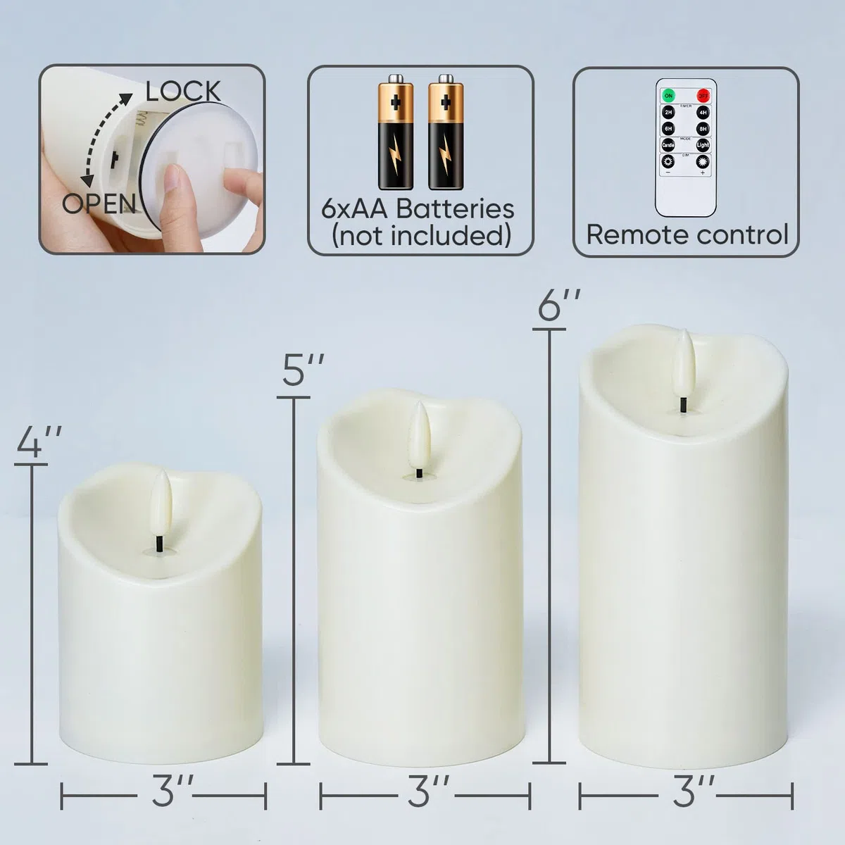 Homemory Candele senza fiamma tremolanti impermeabili, candele a LED alimentate a batteria esterna con timer a distanza, candele in plastica contraffatte elettriche, avorio, set da 3
