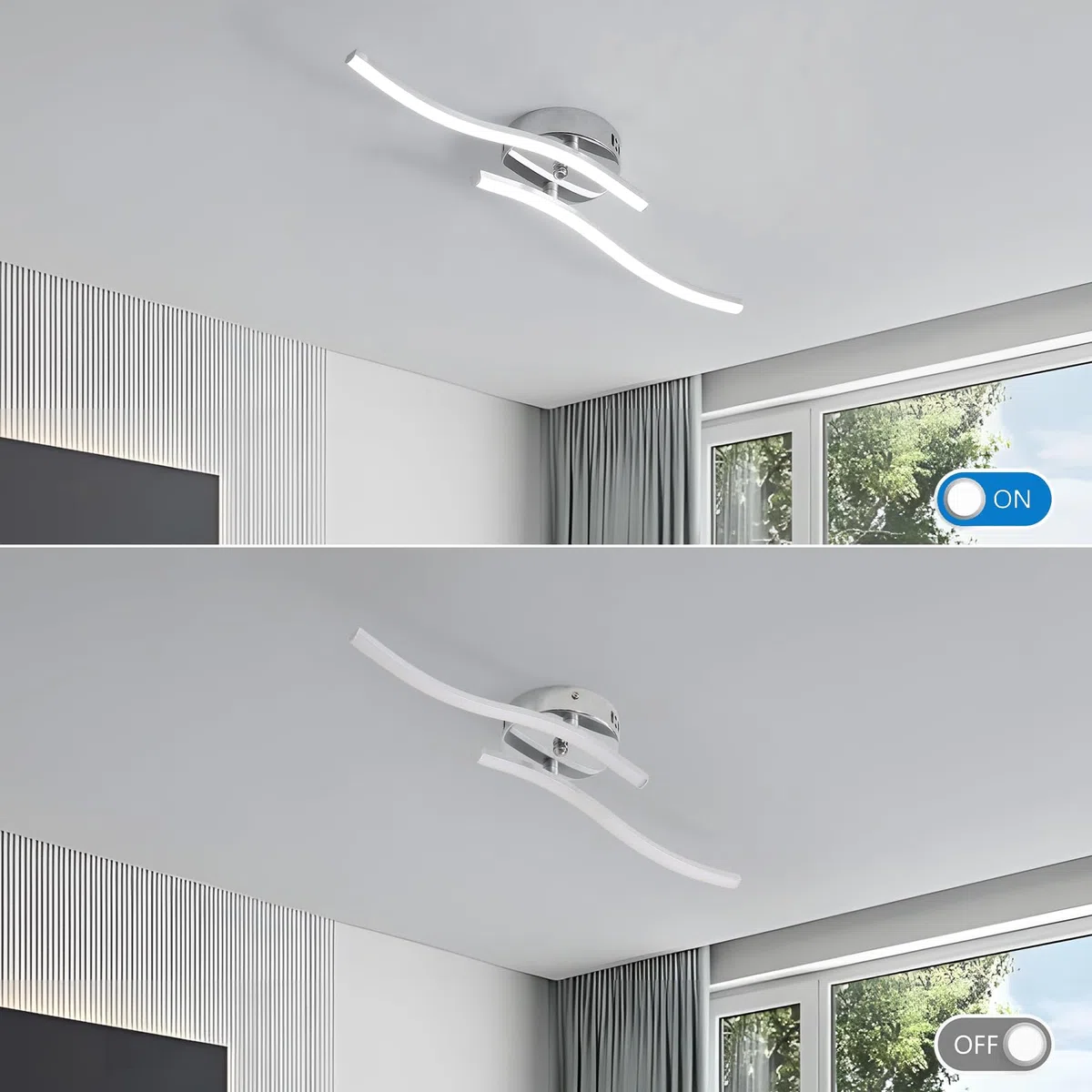 Goeco Plafoniera LED Soffitto Argento 14 W 52 cm 6500K Lampadario da Soffitto con 2 Fiamme Moderni Design Curvo Luce Bianca Fredda Lampada in Acrilico per Camera da Letto Soggiorno Cucina
