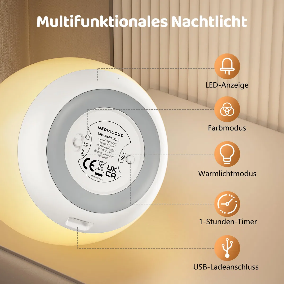 MediAcous Luce Notturna LED Neonati Bambini con Timer, Luce da Allattamento con 8 Cambi di Colore e Funzione Dimmer, Luce Notturna USB Ricaricabile con Timer da 1 Ora e Controllo Touch