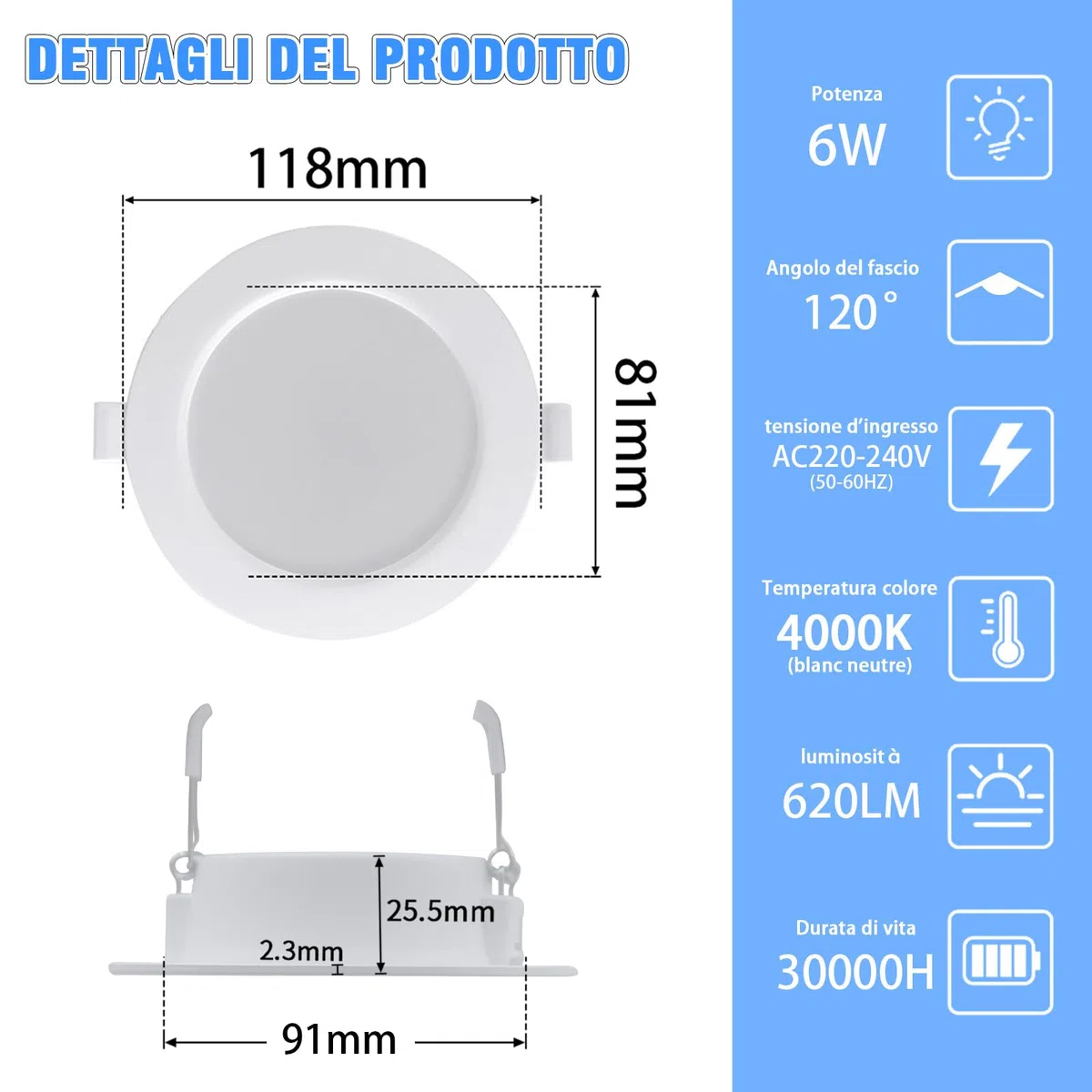 ETUOLMP Faretti led da incasso per cartongesso, 6W 620LM Faretti Led Soffitto Bianco Naturale 4000K, AC 220-240V, Faretto Led Interno IP44 per cappa da cucina, bagno, corridoio, set di 10
