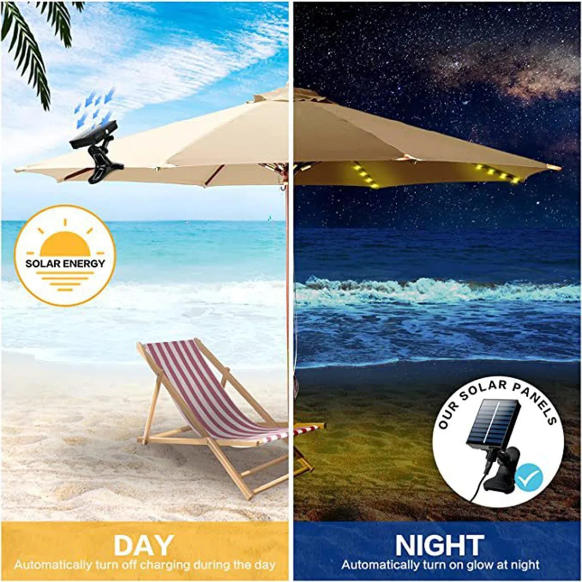 Outdoo - Ombrello a energia solare a LED con ricarica USB, con telecomando e clip, 8 modalità di illuminazione, per campeggio, giardino, decorazione per feste