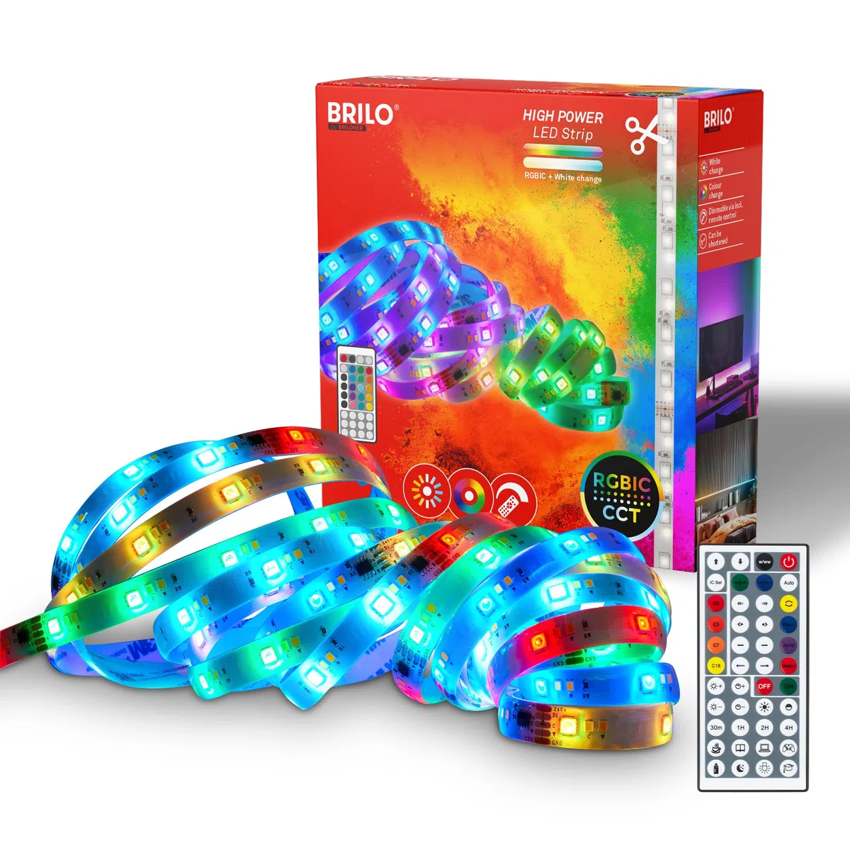 BRILONER - Striscia LED 5m con telecomando, dimmerabile, cambio colore dinamico RGB IC, CCT, strisce LED, striscia RGB, striscia cucina, striscia soffitto, 1200 Lumen, 5000x10x3 mm, bianco