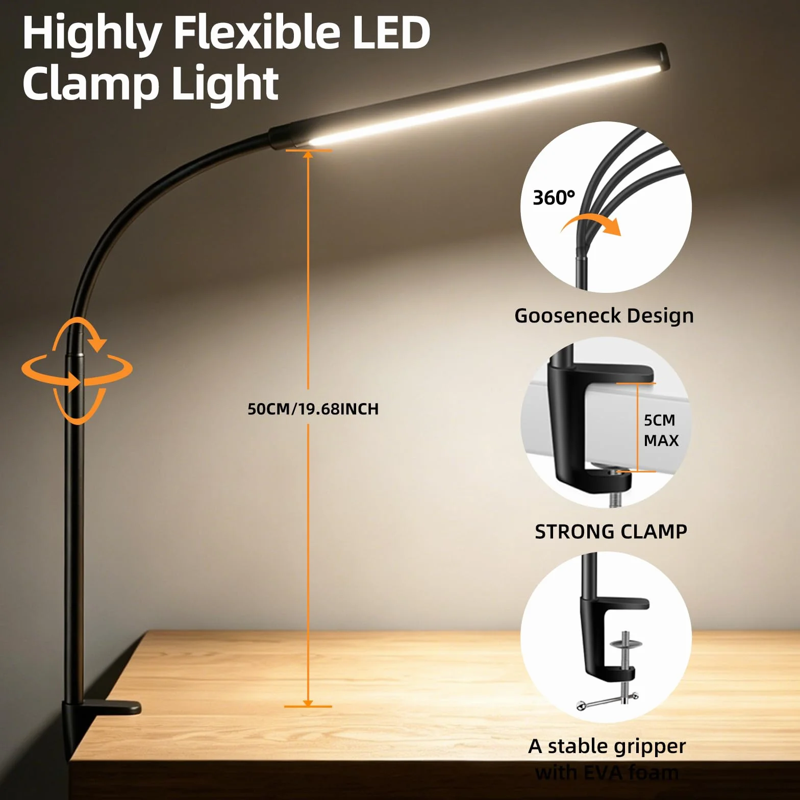 Akynite Lampada da Scrivania con Pinza e Cavo, Adattatore incluso, 3 Colore e 10 Intensità, Lampada da Lettura da Letto, Flessibile Lampada USB per PC, Luce Tavolo, Nera
