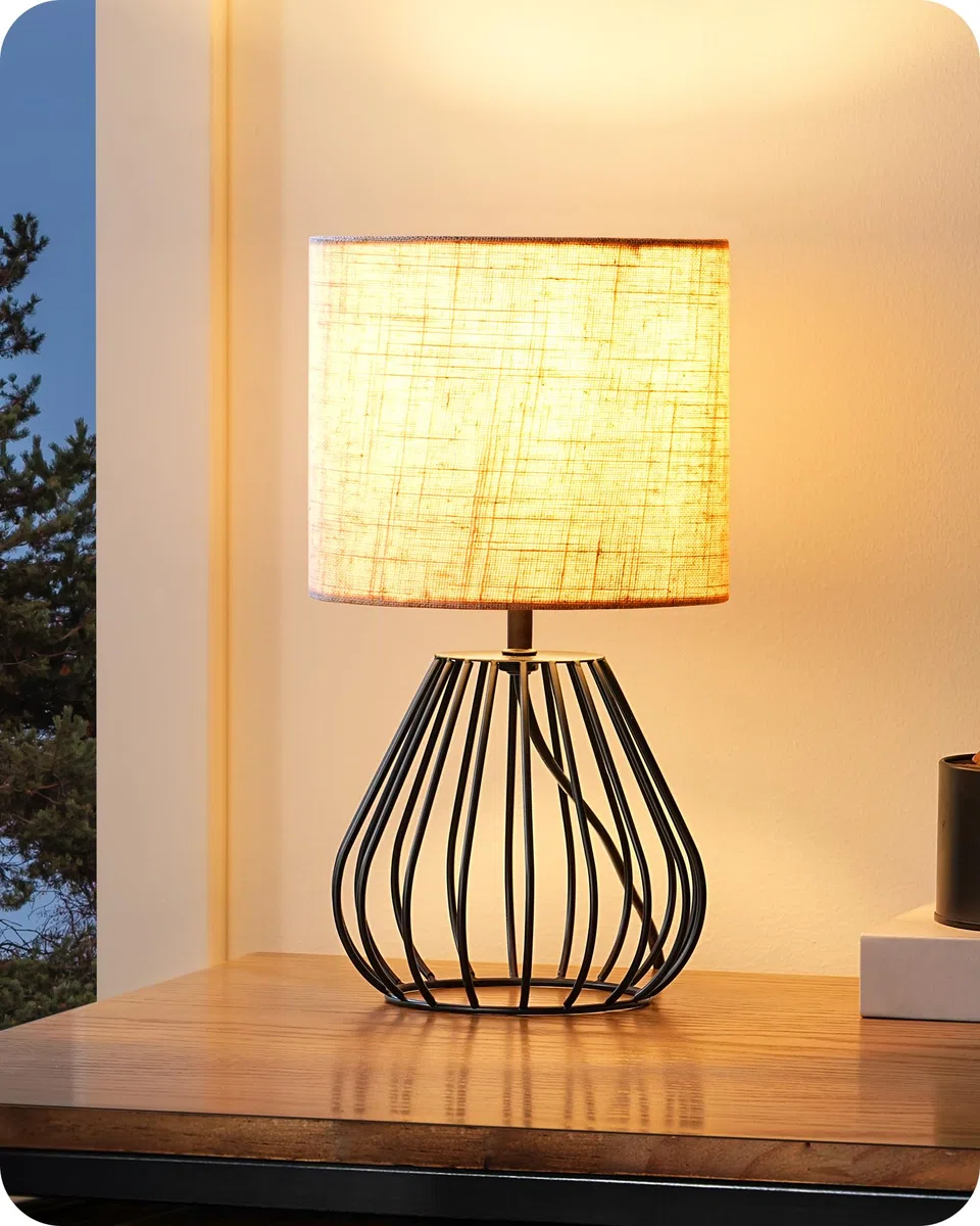 EDISHINE Lampada da Comodino in Lino Beige, Lampadina LED E14 Bianco Caldo 2700K Inclusa, Lampada da Tavolo Moderna per Camera, Ufficio, Soggiorno