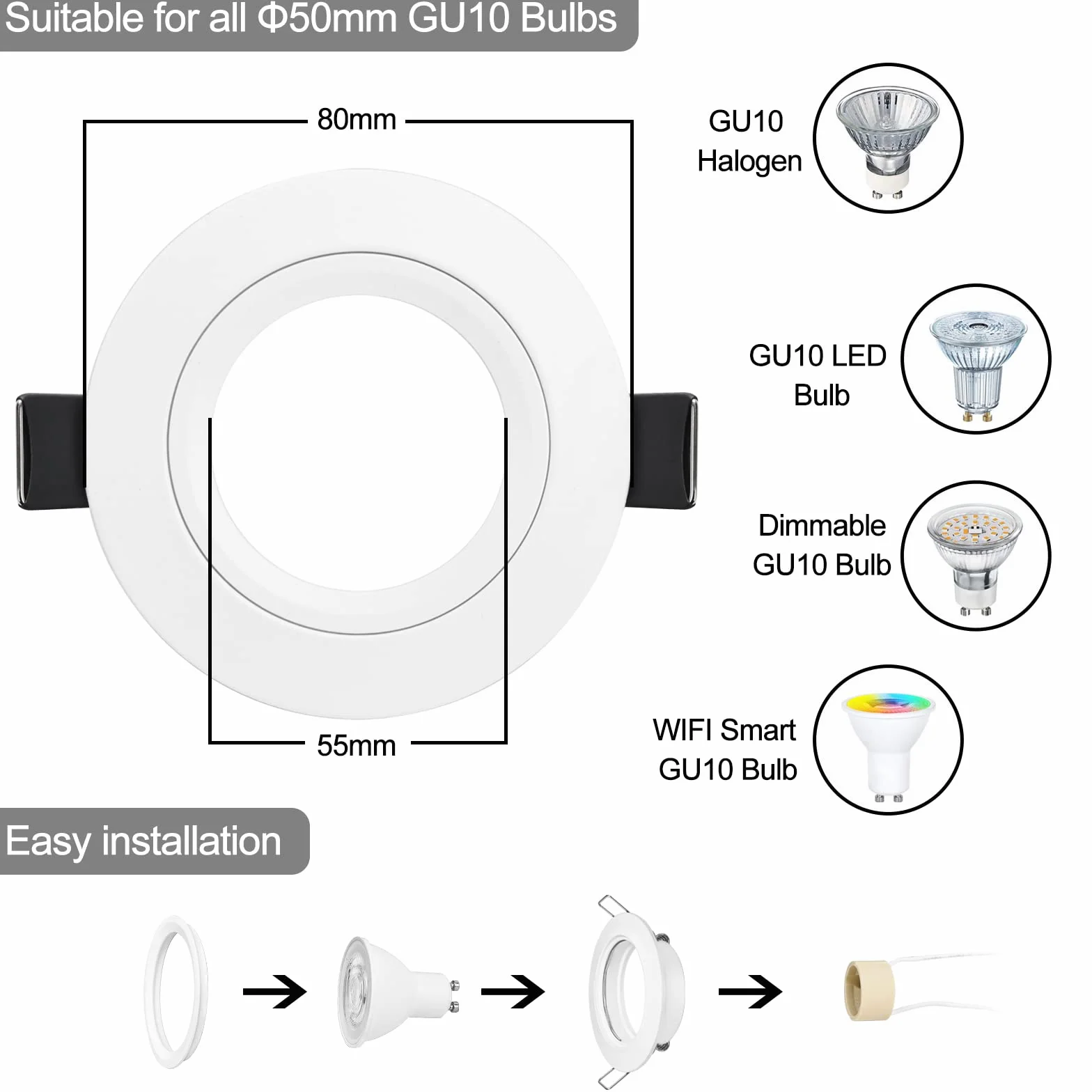 Faretto Incasso Cartongesso GU10 Alluminio Bianco, Cornice Faretti led da incasso per cartongesso Rotondo Portafaretto incl. Portalampada GU10 per lampade LED e Alogeno, Foro ø65mm, Set da 6