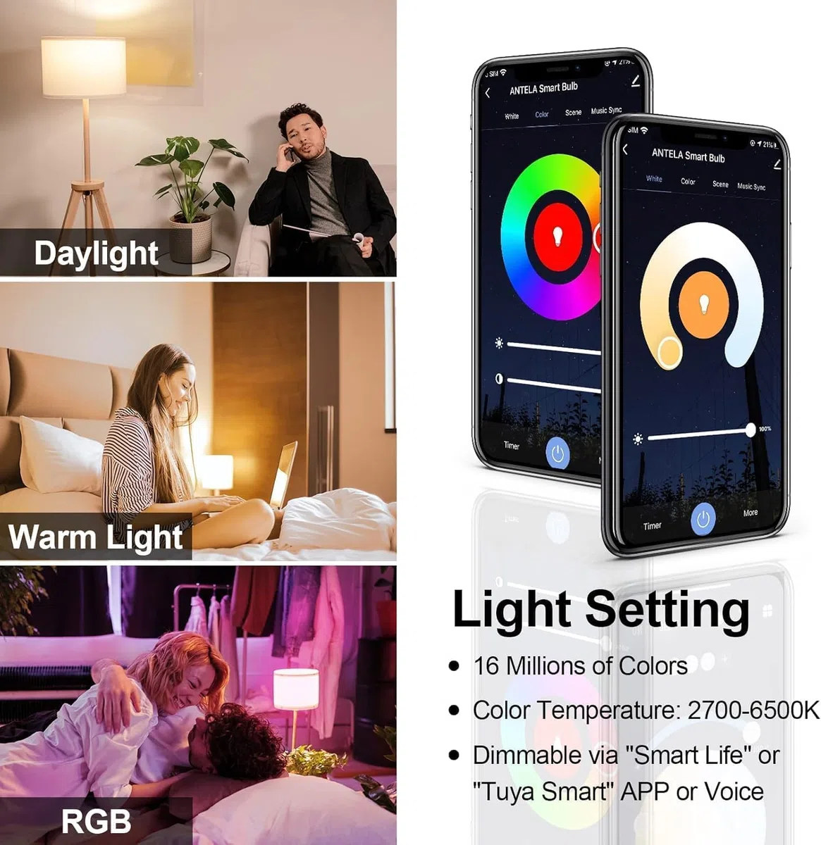 ANTELA Lampadine LED Alexa Inteligente WiFi E27 12W 1350LM, Dimmerabile Lampadina Smart, 94W equivalente, RGB & 2700K-6500K bianco freddo caldo, compatibile con Alexa/Google Home, 2 pezzi