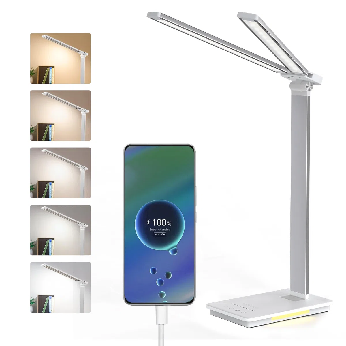 LENDOO LED Lampada Scrivania, Luce Scrivania Doppia Testa Wireless Batteria/Porte USB, 5 Modalità Colore, Luce Lettura Dimmerabile, Lampada Tavolo Touch, Per Camera, Ufficio