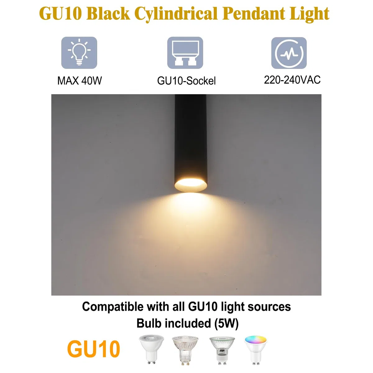 Lampada a Sospensione Cilindro GU10 5W Bianco Caldo, Comodino Camera da Letto, Moderna per Cucina Soggiorno Ristorante, Nero, 30cm, 1 Pezzo