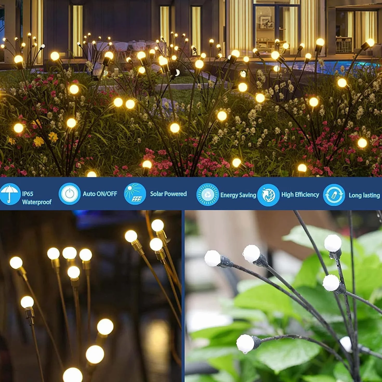 Lampada Solare Lucciola per Giardino Esterno, 4 Pezzi 10 LED Luci Solari Impermeabili IP65, Luce Decorativa Ondeggiante al Vento per Prato, Patio, Balcone, Feste(Bianco Caldo)