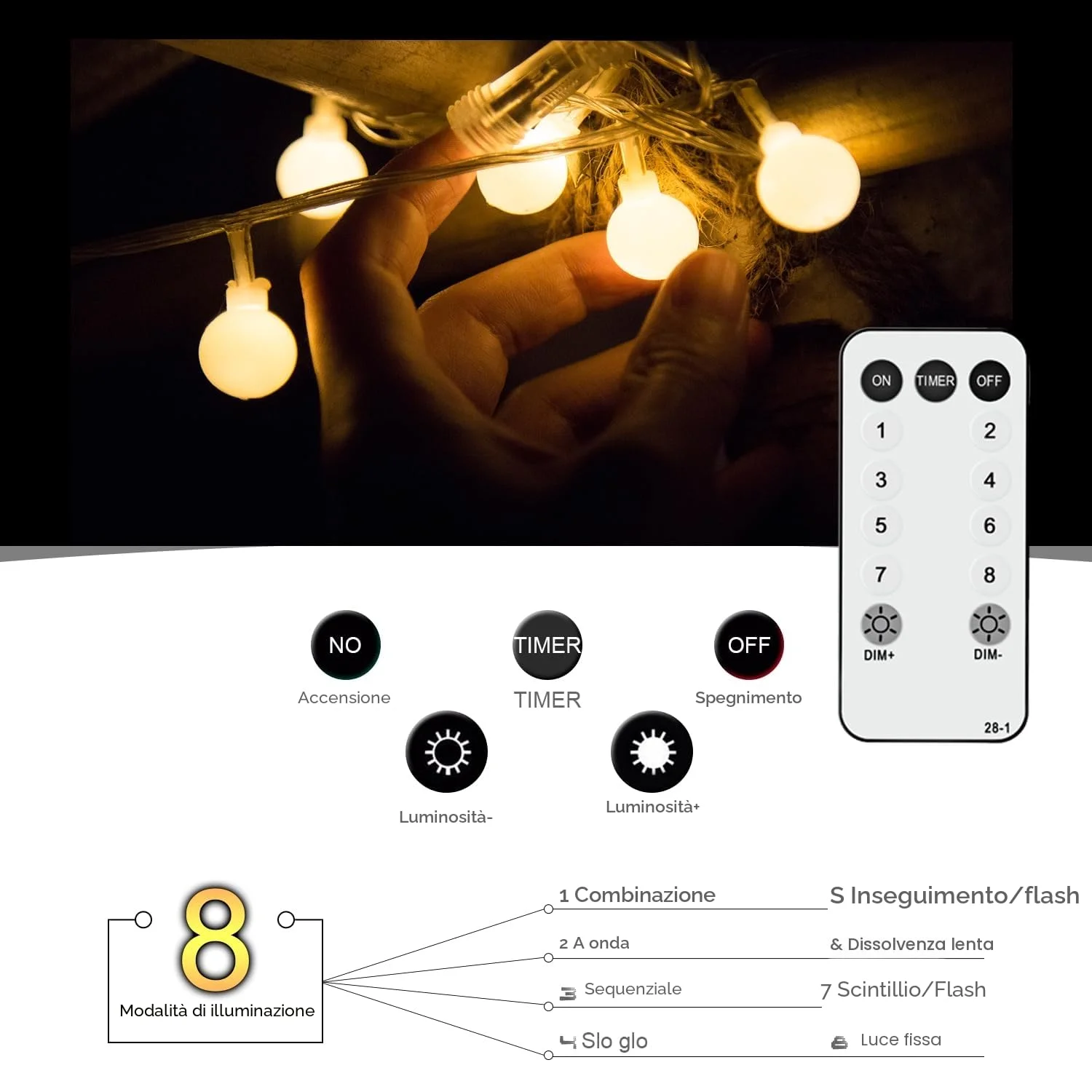 Ghirlanda luminosa a sfera, 15 m, 120 LED, ghirlanda luminosa da esterno/interno, con spina, 8 modalità con telecomando, per camera da letto, interno, giardino, Natale e matrimonio (bianco caldo)