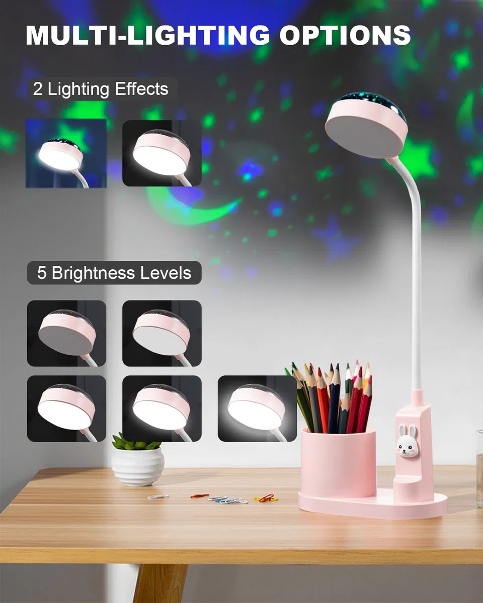 Lampada da tavolo per bambini con portapenne, carina lampada da scrivania LED, lampada da tavolo, lampada da studio per bambini con proiettore, lampada da comodino, tavolo, lampada per bambini