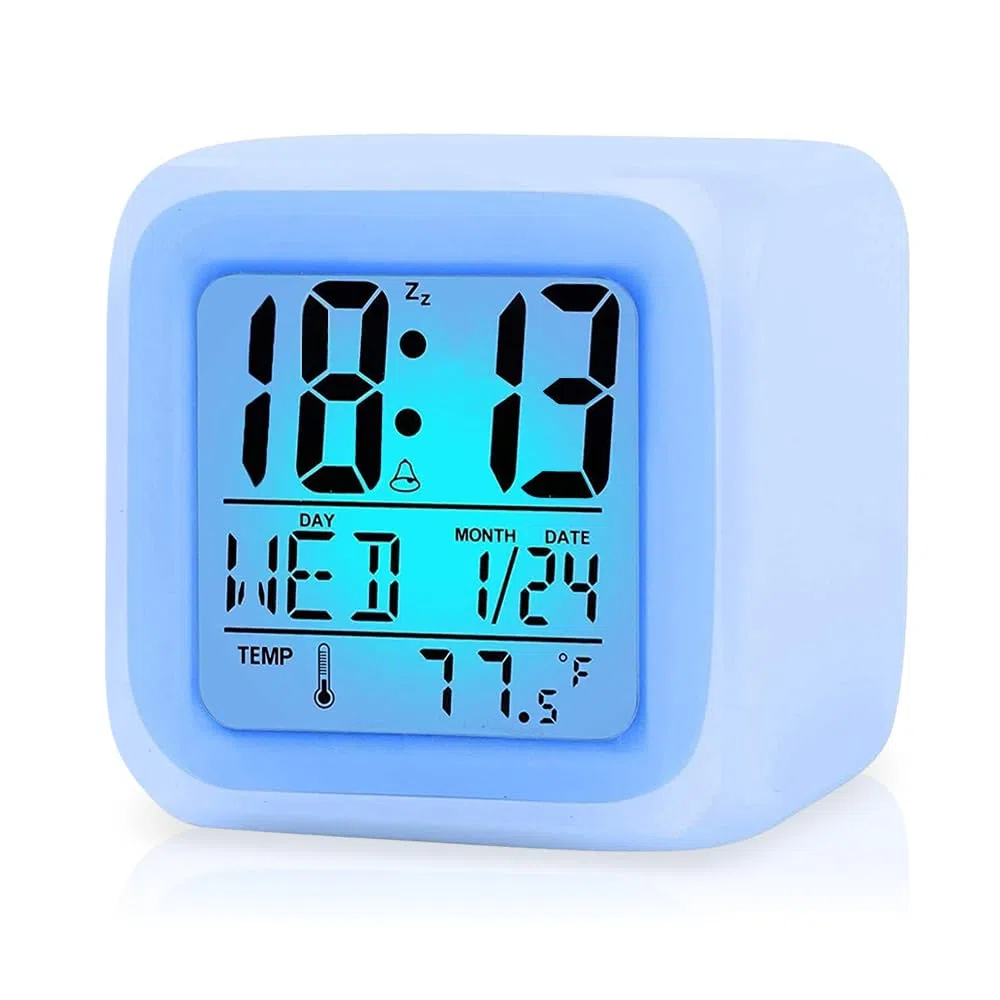 Sveglia digitale, Sveglia per bambini portatile LCD sveglia da comodino con luci Intelligente 7 colori Luce Notturna con Tempo Ore, Data, Temperatura per ragazze, ragazzi, adulti regali