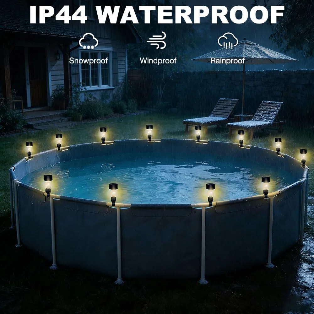 Set di 10 luci solari per piscina con fascette per cavi, illuminazione fluorescente bianca calda, 4,5 cm, per bordo piscina, recinzione, giardino, piscina, bar, decorazione per feste