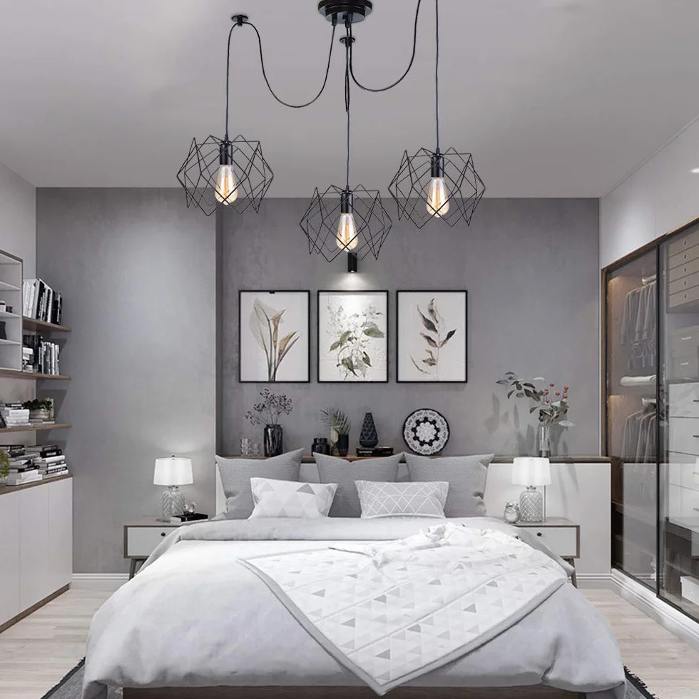 iDEGU Lampadario a Sospensione, Retrò Industriale Lampada da Soffitto con 3 Bracci a Stile Ragno Creativo DIY Lampada a Sospensione Vintage con Attacco E27 per Soggiorno Camera da Letto, 150CM, Nero