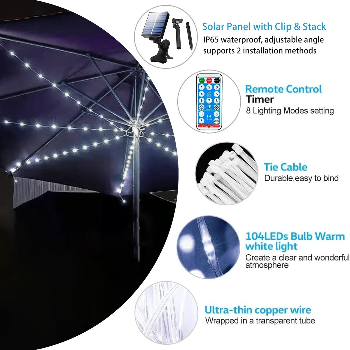 Luci solari per ombrellone da esterno con telecomando, 104 luci a LED impermeabili, 8 modalità dimmerabili, per giardino, terrazza, cortile, piscina (bianco)