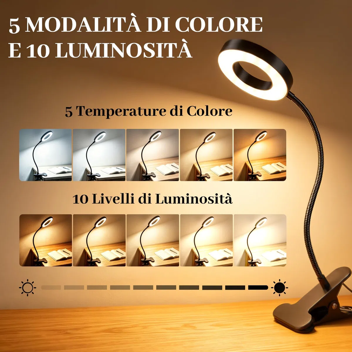 Akynite Lampada da Scrivania USB con Pinza e Timer, Adattatore incluso, 5 Colore 10 Intensità, Lampada Pinza Nera, 48 LED Lampada con Clip, Flessibile Lampada da Lettura Letto