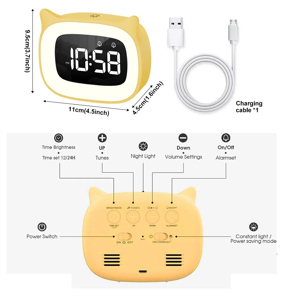 Sveglia Bambini da Comodino, Sveglia Digitale con Led Numeri Grandi, Carina Gatti, Luce Notturna Funzione Snooze Timer 18 suonerie 5 modalità comodino per Bambin Porta di Ricarica USB (Giallo)