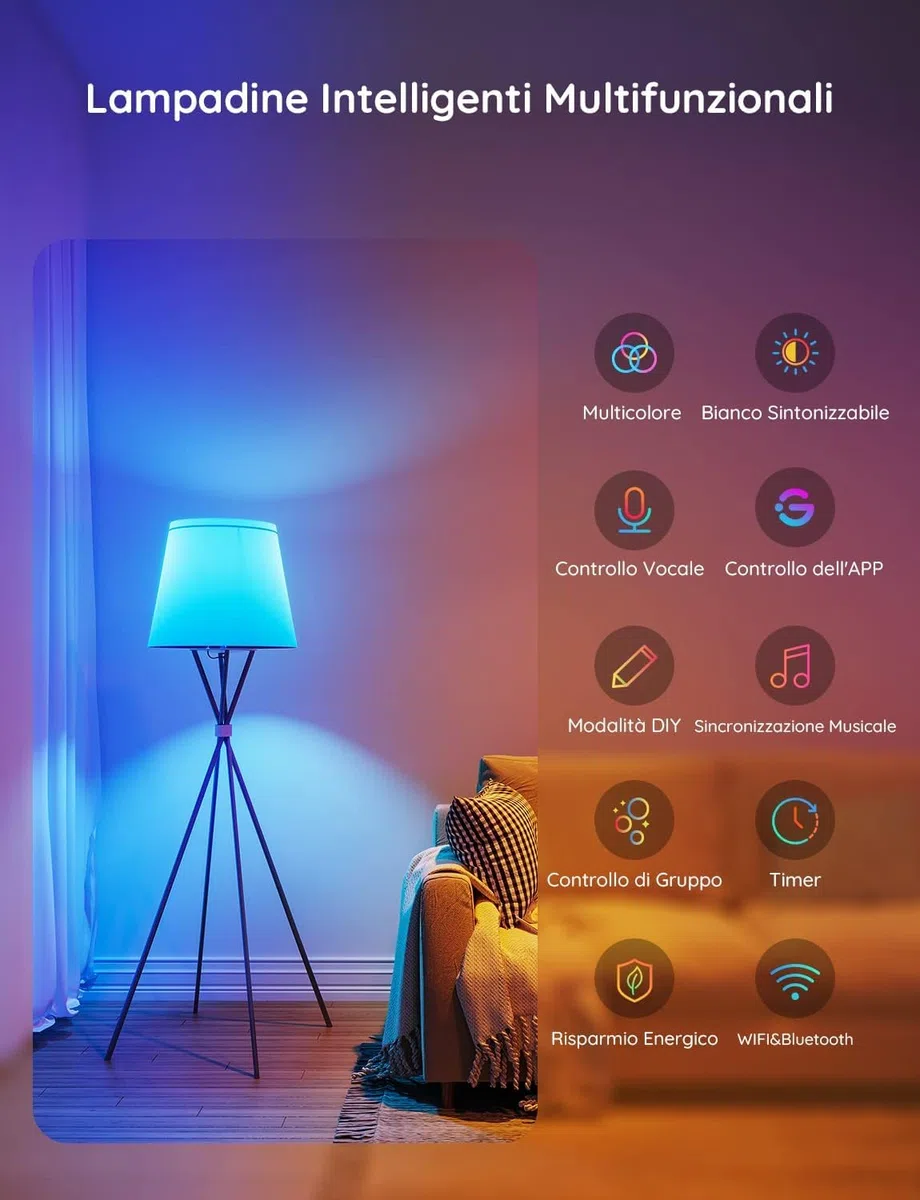 Govee Lampadina LED E27 Intelligenti WiFi e Bluetooth, Compatibile con SmartThings, Matter, Alexa e Google Assistant, 800lm, 16 Milioni di Colori RGBWW fai da te, Lampadina Smart, Set di 2